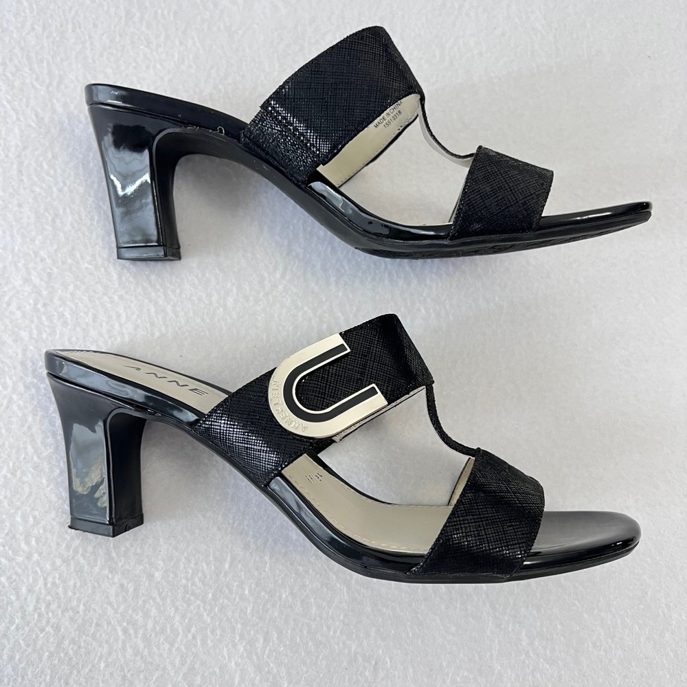 Anne Klein Nala Sandals Womens 8.5 Black 3" Block Heel Slide iflex Buckle - Picture 2 of 8